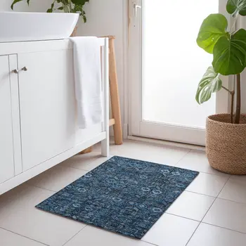 2' X 3' Blue and Black Floral Washable Non Skid Indoor Outdoor Area Rug
