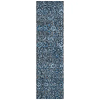 8' Runner Blue and Black Floral Washable Non Skid Indoor Outdoor Runner Rug