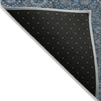 8' Runner Blue and Black Floral Washable Non Skid Indoor Outdoor Runner Rug