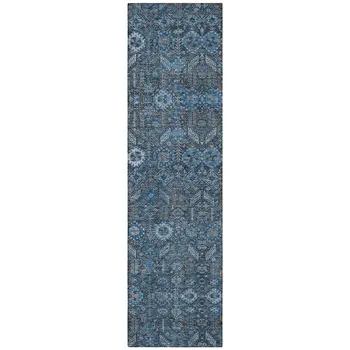 8' Runner Blue and Black Floral Washable Non Skid Indoor Outdoor Runner Rug
