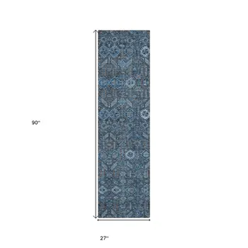 8' Runner Blue and Black Floral Washable Non Skid Indoor Outdoor Runner Rug