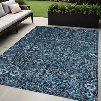 5' X 8' Blue and Black Floral Washable Non Skid Indoor Outdoor Area Rug