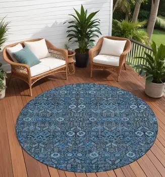 8' Round Blue and Black Round Floral Washable Non Skid Indoor Outdoor Area Rug