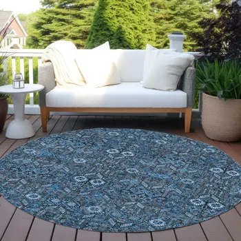 8' Round Blue and Black Round Floral Washable Non Skid Indoor Outdoor Area Rug