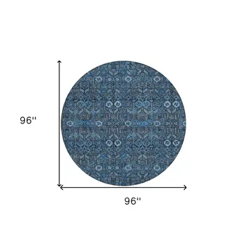 8' Round Blue and Black Round Floral Washable Non Skid Indoor Outdoor Area Rug
