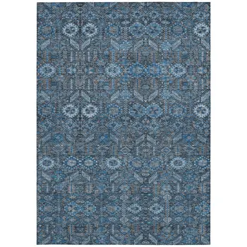 8' X 10' Blue and Black Floral Washable Non Skid Indoor Outdoor Area Rug