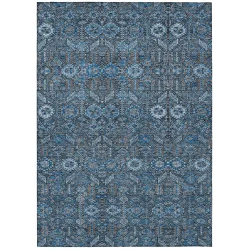 10' X 14' Blue And Black Floral Washable Indoor Outdoor Area Rug