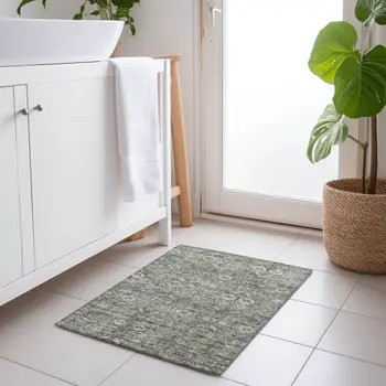 2' X 3' Cream and Tan Floral Washable Non Skid Indoor Outdoor Area Rug