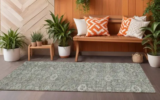 8' Runner Cream and Tan Floral Washable Non Skid Indoor Outdoor Runner Rug
