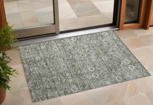 3' X 5' Cream and Tan Floral Washable Non Skid Indoor Outdoor Area Rug