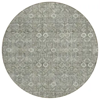 8' Round Cream and Tan Round Floral Washable Non Skid Indoor Outdoor Area Rug