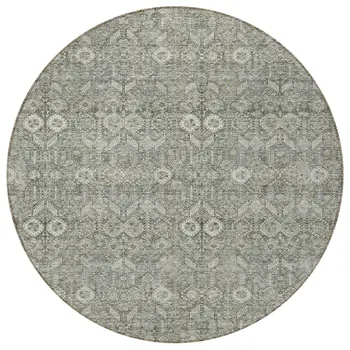 8' Round Cream and Tan Round Floral Washable Non Skid Indoor Outdoor Area Rug