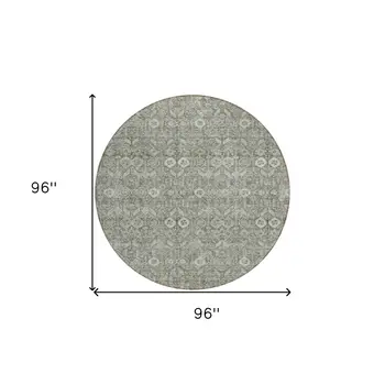 8' Round Cream and Tan Round Floral Washable Non Skid Indoor Outdoor Area Rug
