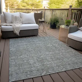 9' X 12' Cream and Tan Floral Washable Non Skid Indoor Outdoor Area Rug