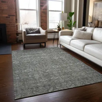 9' X 12' Cream and Tan Floral Washable Non Skid Indoor Outdoor Area Rug