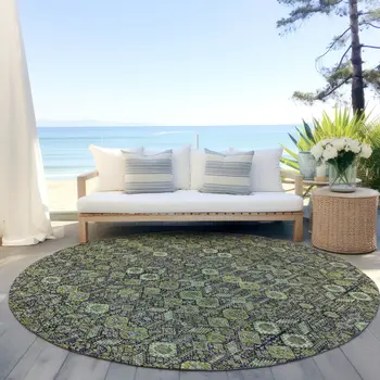 8' Round Blue and Green Round Floral Washable Non Skid Indoor Outdoor Area Rug