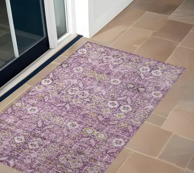 2' X 3' Lavender and Ivory Floral Washable Non Skid Indoor Outdoor Area Rug