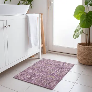 2' X 3' Lavender and Ivory Floral Washable Non Skid Indoor Outdoor Area Rug