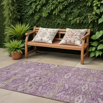 8' Runner Lavender and Ivory Floral Washable Non Skid Indoor Outdoor Runner Rug
