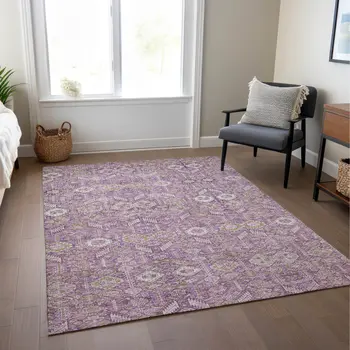 5' X 8' Lavender and Ivory Floral Washable Non Skid Indoor Outdoor Area Rug
