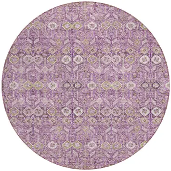 8' Round Lavender and Ivory Round Floral Washable Non Skid Indoor Outdoor Area Rug