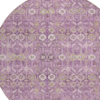 8' Round Lavender and Ivory Round Floral Washable Non Skid Indoor Outdoor Area Rug