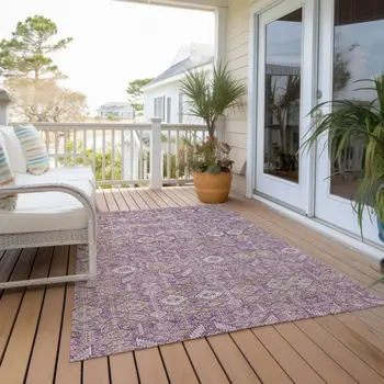10' X 14' Lavender and Ivory Floral Washable Non Skid Indoor Outdoor Area Rug