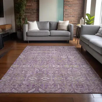 10' X 14' Lavender and Ivory Floral Washable Non Skid Indoor Outdoor Area Rug
