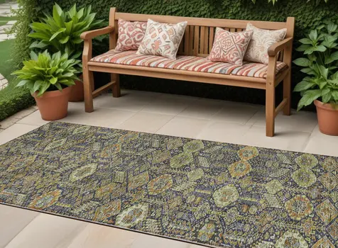 8' Runner Blue and Orange Floral Washable Non Skid Indoor Outdoor Runner Rug