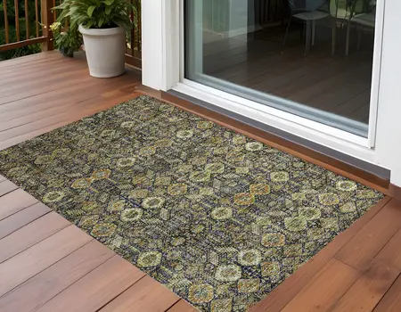 3' X 5' Blue and Orange Floral Washable Non Skid Indoor Outdoor Area Rug