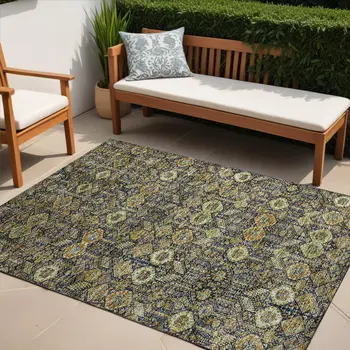 5' X 8' Blue and Orange Floral Washable Non Skid Indoor Outdoor Area Rug