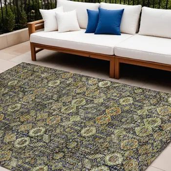 9' X 12' Blue and Orange Floral Washable Non Skid Indoor Outdoor Area Rug