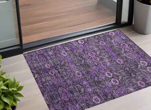 2' X 3' Purple and Green Floral Washable Non Skid Indoor Outdoor Area Rug