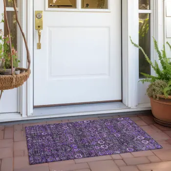 2' X 3' Purple and Green Floral Washable Non Skid Indoor Outdoor Area Rug