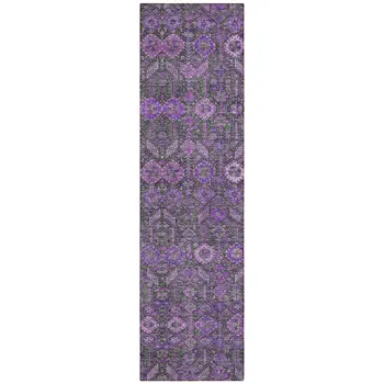 8' Purple And Green Floral Washable Indoor Outdoor Runner Rug