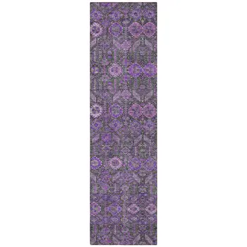 8' Purple And Green Floral Washable Indoor Outdoor Runner Rug