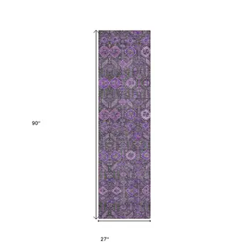 8' Purple And Green Floral Washable Indoor Outdoor Runner Rug