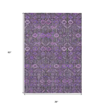 3' X 5' Purple And Green Floral Washable Indoor Outdoor Area Rug