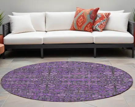 8' Round Purple and Green Round Floral Washable Non Skid Indoor Outdoor Area Rug