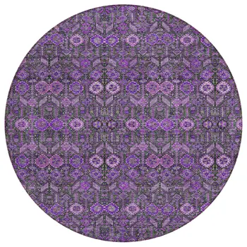 8' Round Purple and Green Round Floral Washable Non Skid Indoor Outdoor Area Rug