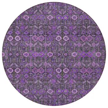 8' Round Purple and Green Round Floral Washable Non Skid Indoor Outdoor Area Rug