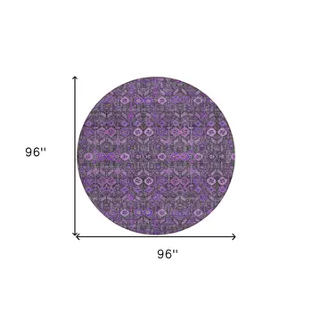 8' Round Purple and Green Round Floral Washable Non Skid Indoor Outdoor Area Rug