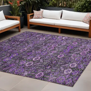 10' X 14' Purple And Green Floral Washable Indoor Outdoor Area Rug