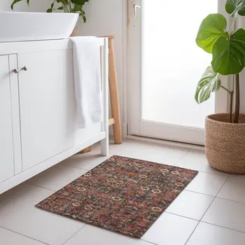 2' X 3' Red and Dark Blue Floral Washable Non Skid Indoor Outdoor Area Rug
