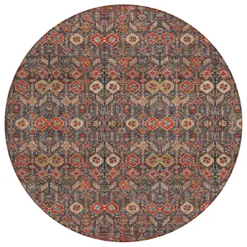 8' Round Red and Dark Blue Round Floral Washable Non Skid Indoor Outdoor Area Rug