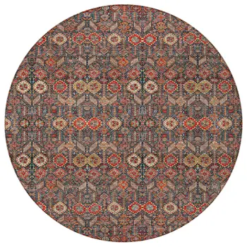 8' Round Red and Dark Blue Round Floral Washable Non Skid Indoor Outdoor Area Rug