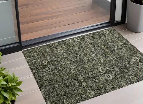 2' X 3' Moss Green and Gray Floral Washable Non Skid Indoor Outdoor Area Rug