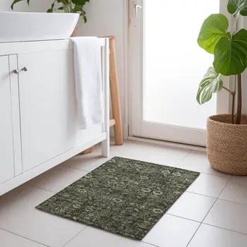 2' X 3' Moss Green and Gray Floral Washable Non Skid Indoor Outdoor Area Rug