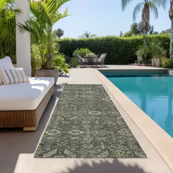8' Runner Moss Green and Gray Floral Washable Non Skid Indoor Outdoor Runner Rug