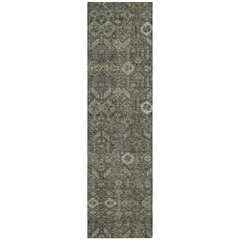 8' Runner Moss Green and Gray Floral Washable Non Skid Indoor Outdoor Runner Rug